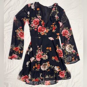 Lulus Floral Sheer-Sleeved Floral Dress